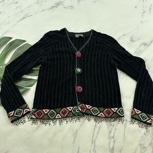 Berek Womens Vintage 90s Cardigan Sweater Size S Black Beaded Fringe Chenille